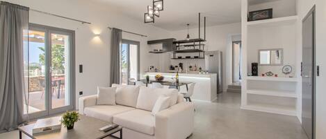 Smart TV, fireplace, books, stereo