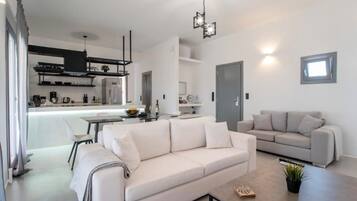 Smart TV, fireplace, books, stereo