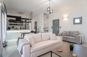 Smart TV, fireplace, books, stereo