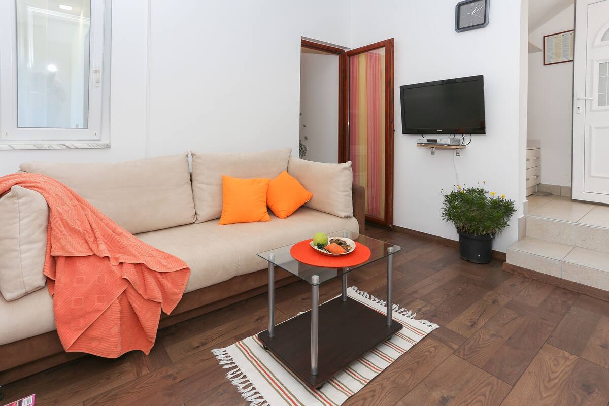 A living room with a sofa, a glass coffee table, a TV, and a potted plant.