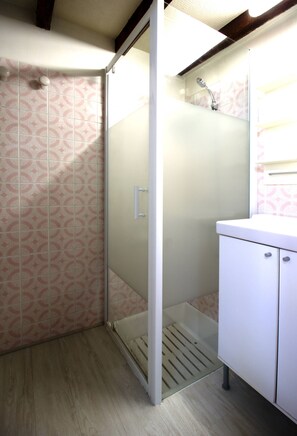 Shower, hair dryer, towels, toilet paper