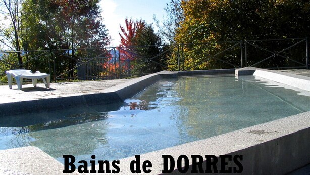 A swimming pool with a concrete edge, surrounded by trees with autumn foliage.