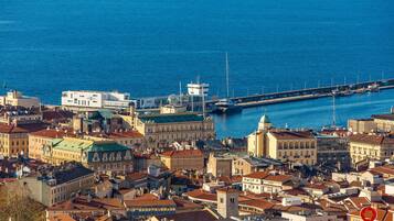 Un paisaje urbano costero con edificios históricos, un puerto deportivo y un puente.