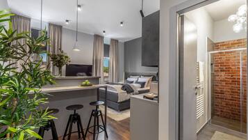 Een modern appartement met een keukenhoek, een eethoek en een zithoek.