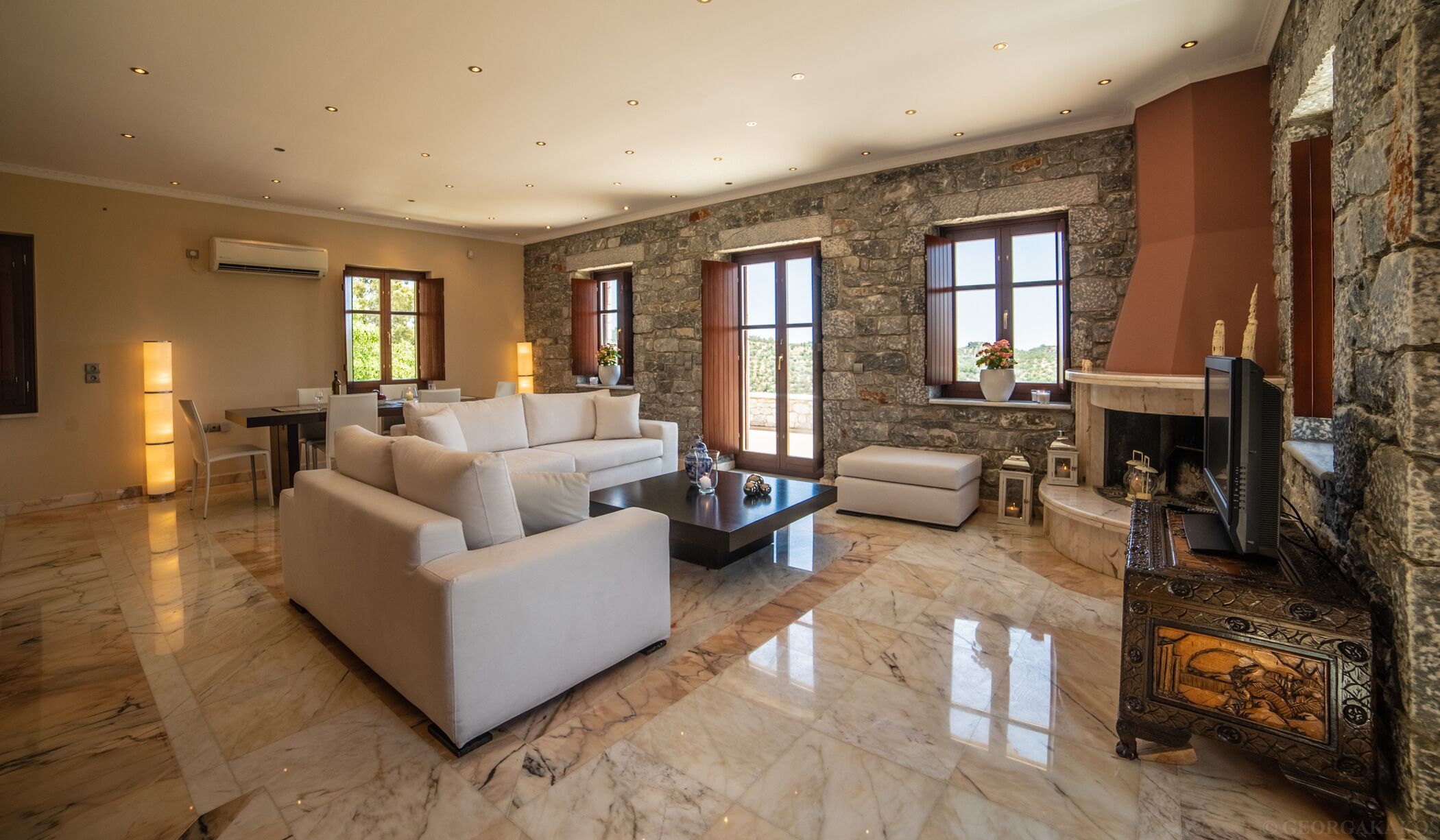 Smart TV, fireplace, books