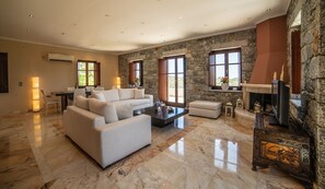 TV connectée, cheminée, livres