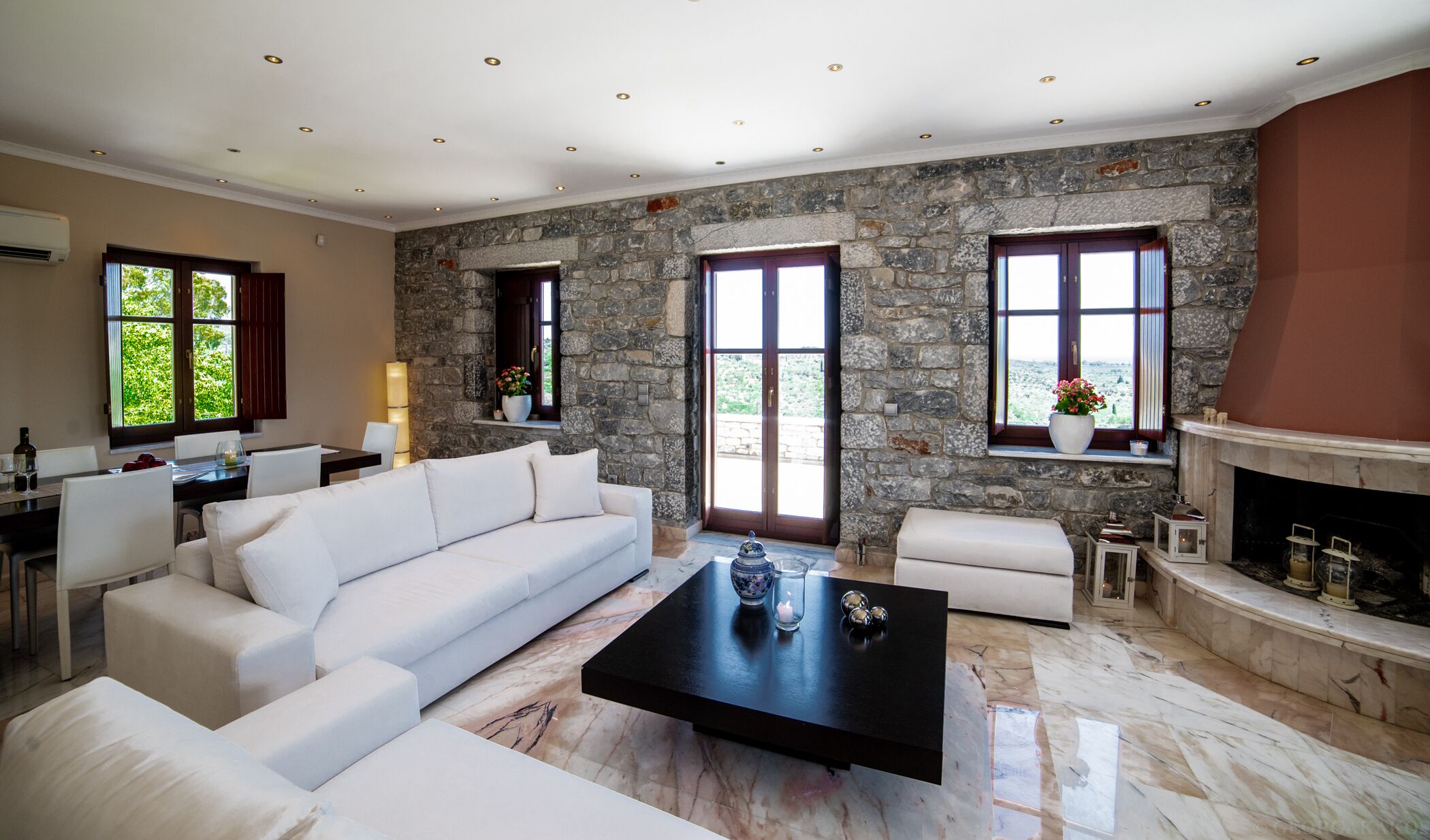 Smart TV, fireplace, books