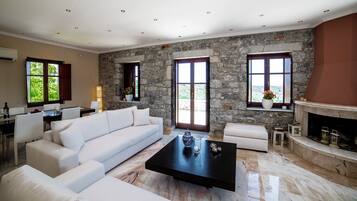 Smart TV, fireplace, books