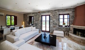 Smart TV, fireplace, books