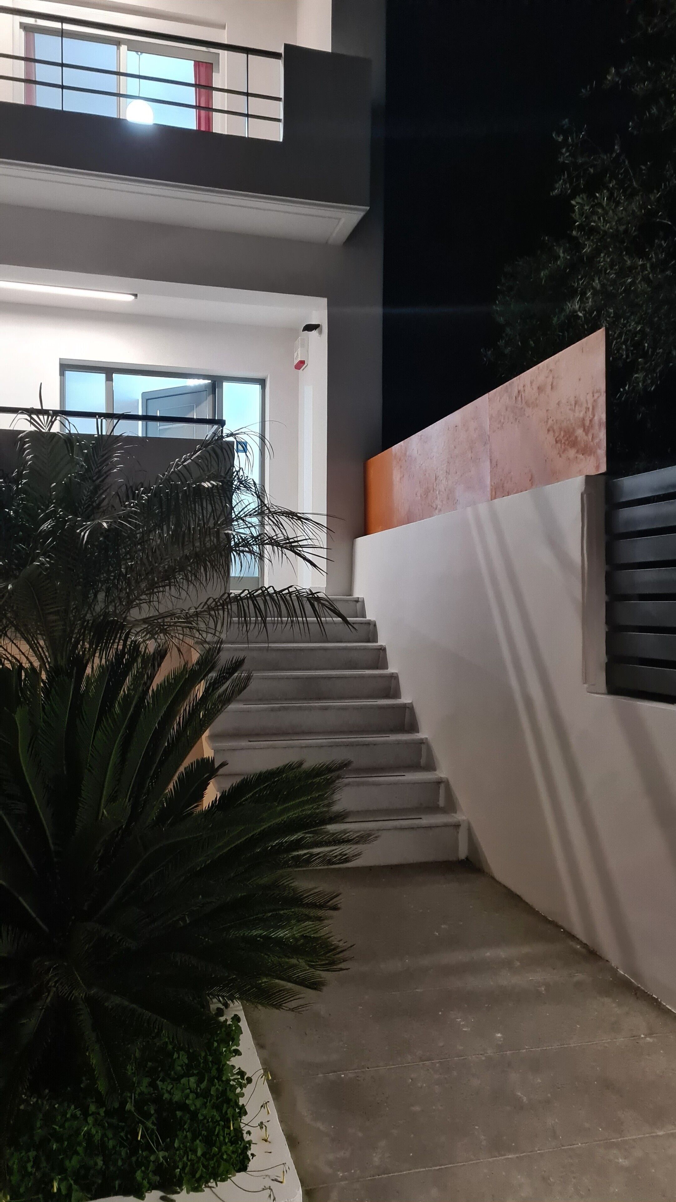 Una escalera conduce a un segundo piso de diseño moderno, con una planta grande en maceta y vistas al exterior.