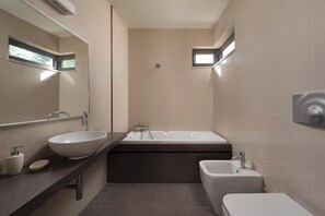 Combined shower/tub, hair dryer, towels