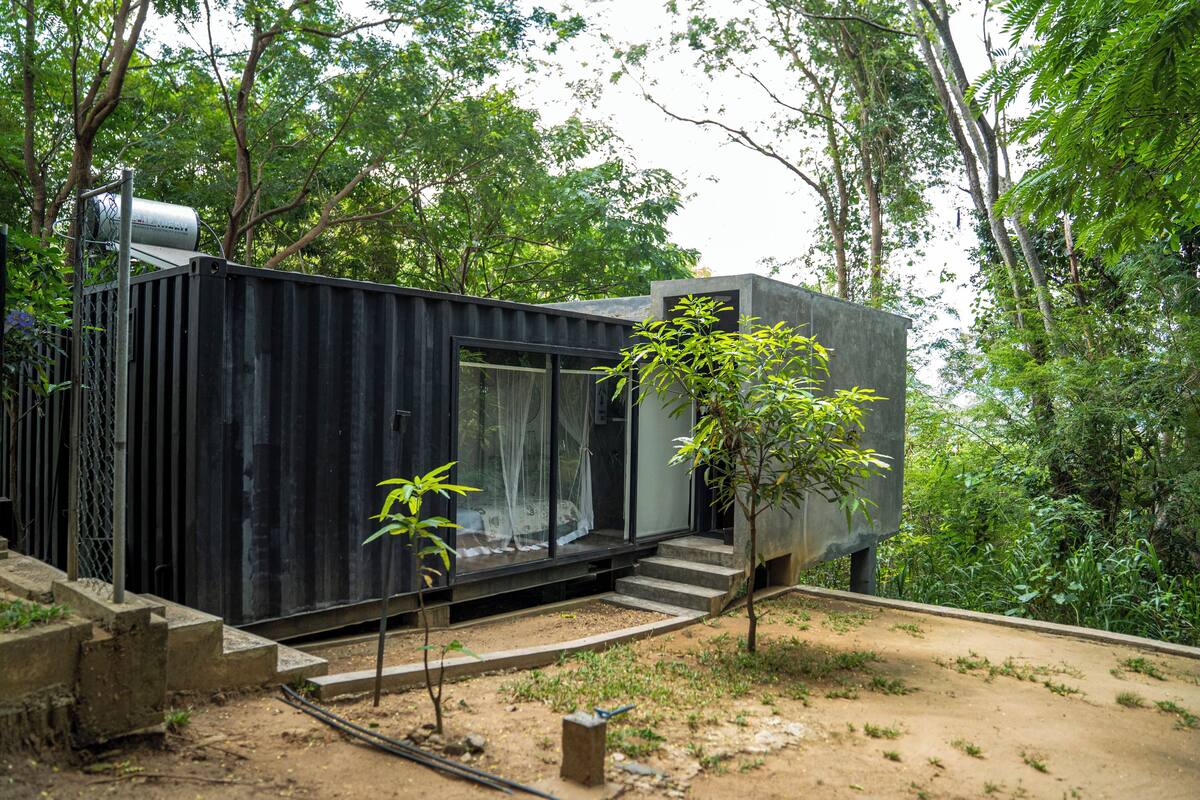 A modern, minimalist house with a large glass window, surrounded by dense greenery.