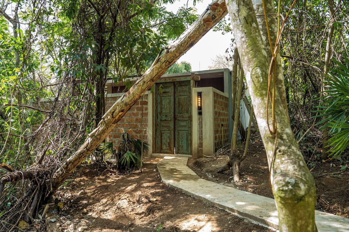A rustic building with a brick exterior, a concrete pathway leading to a green door, surrounded by dense foliage.