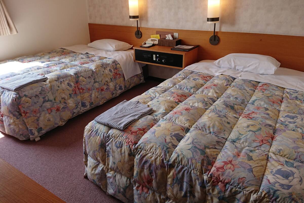A hotel room with two single beds, each with floral bedding, a wooden headboard, bedside tables with lamps, and a nightstand with a phone and tissues.