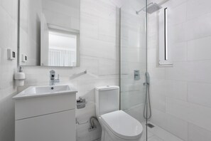 Shower, hair dryer, towels, soap