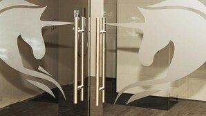 A modern interior with a glass door featuring abstract white designs and metallic handles. - Hotel Rotes Einhorn (Dueren)
