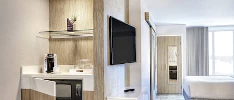 Desk, laptop workspace, blackout curtains, iron/ironing board