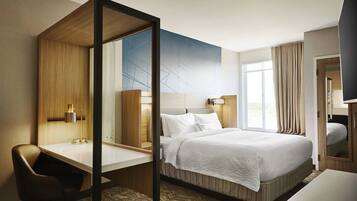 Bureau, espace de travail pour ordinateur portable, rideaux occultants