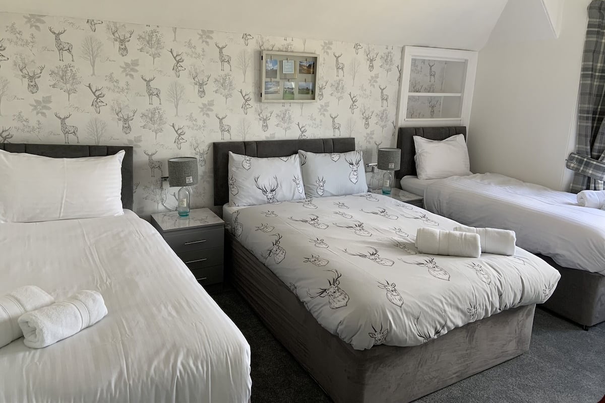 Habitación de hotel con dos camas, una mesita de noche con lámpara, una mesita junto a la cama con una botella y un estante en la pared con fotografías.