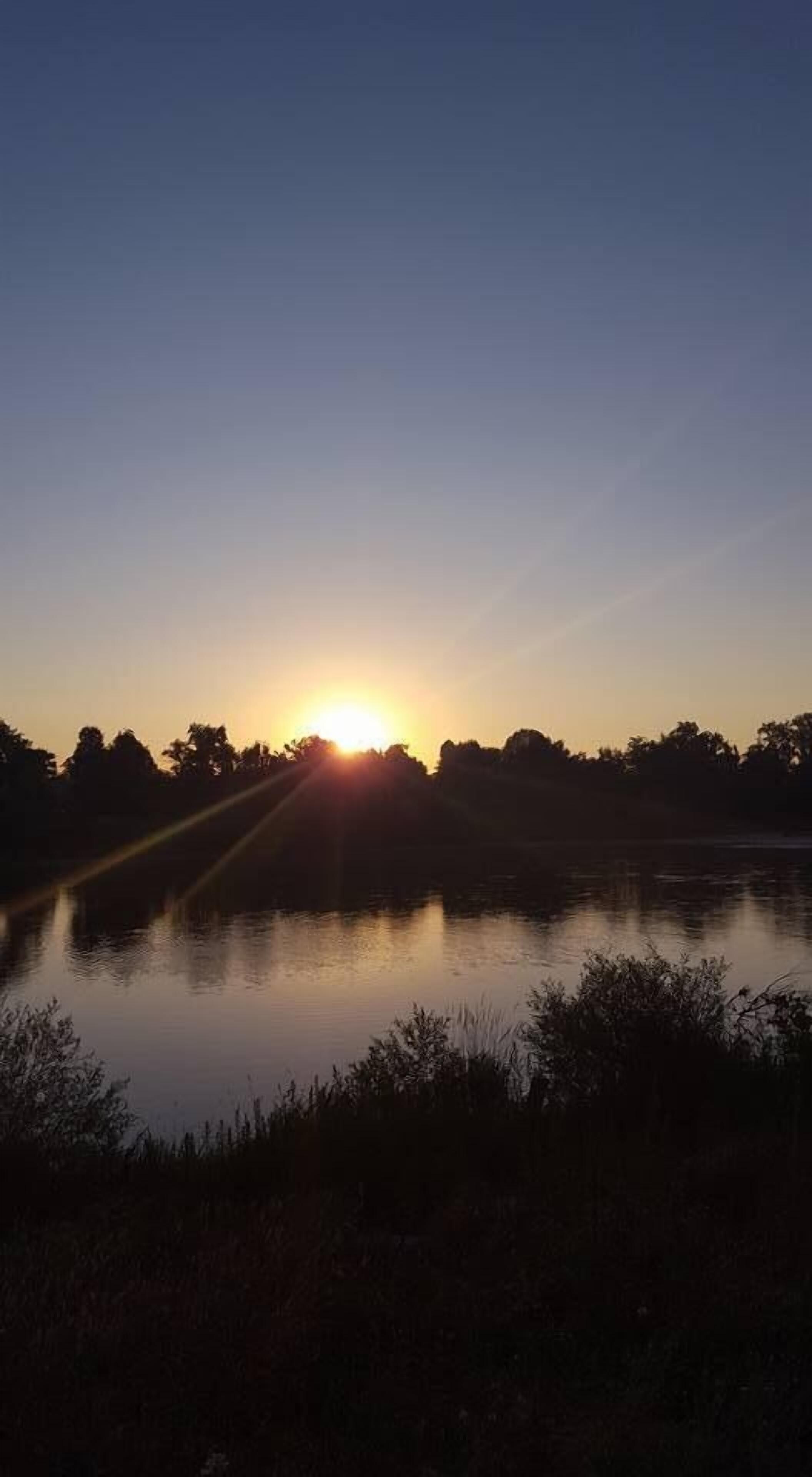 A sunset over a calm lake with trees silhouetted against the sky.