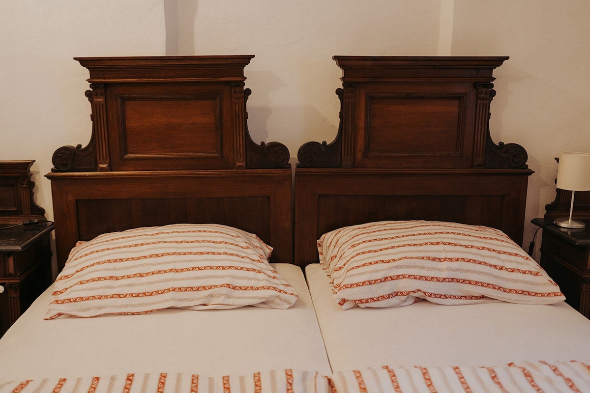 Ein Doppelbett mit passenden Kopfteilen und Kissen, ein Nachttisch mit Lampe sowie eine Holzkombination.