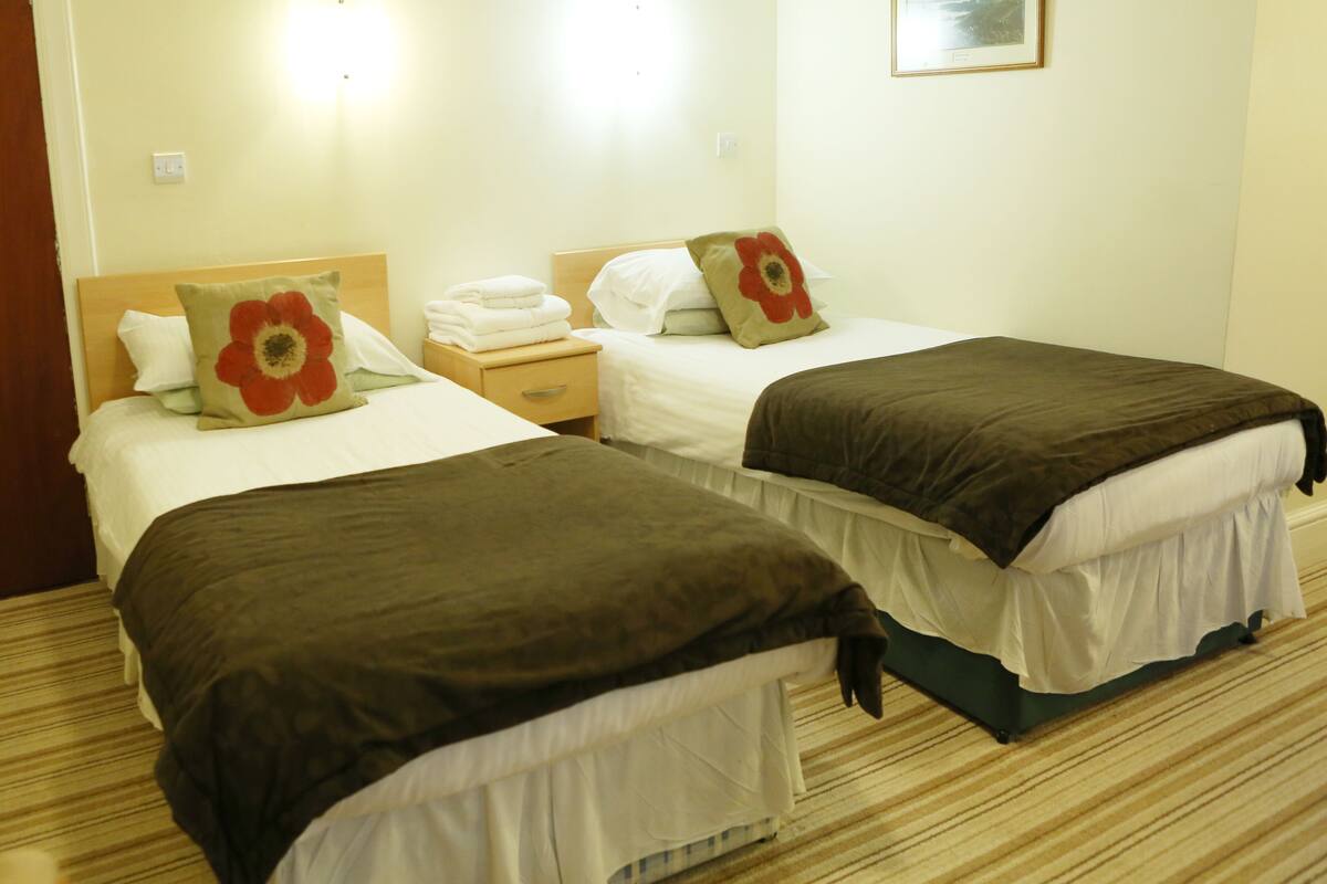 A hotel room with two beds, each with a brown blanket and white linens. There is a nightstand with a lamp and a folded towel.