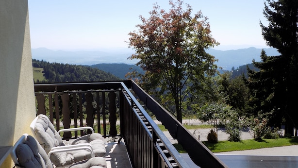 Un balcón con vistas a montañas y un árbol.