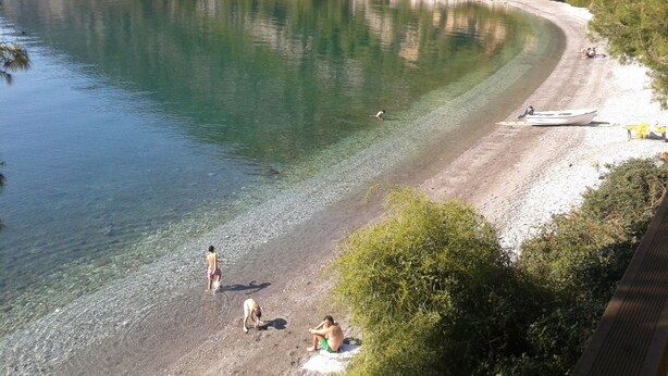 A clear view of a beach with a boat on the shore, surrounded by trees and rocky terrain.