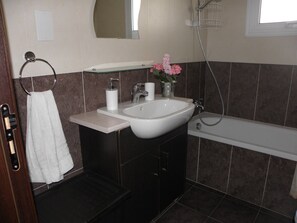 Combined shower/bathtub, hair dryer, towels, soap