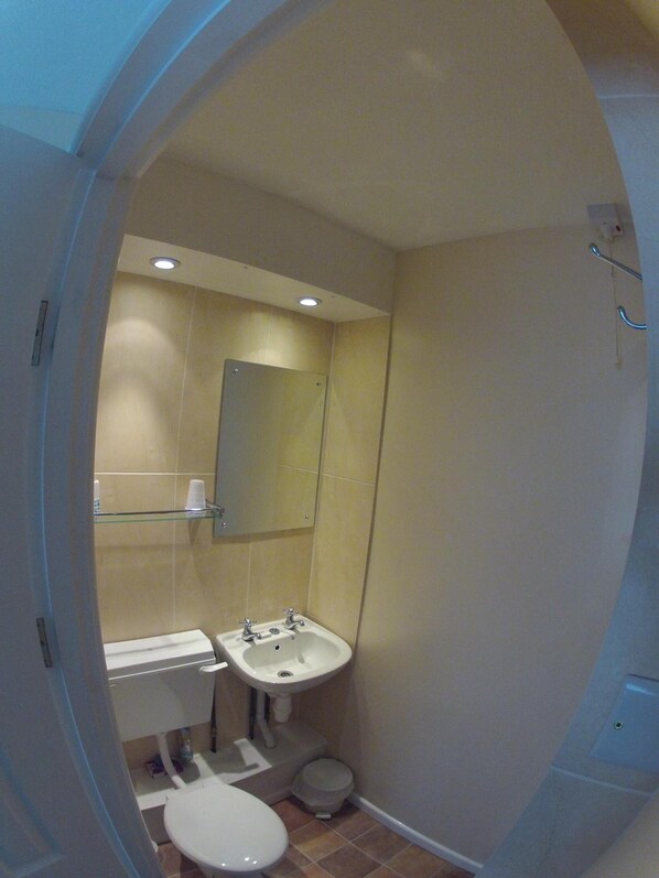 A compact bathroom with a toilet, sink, and mirror. - Trevellis Guest House (Newquay)