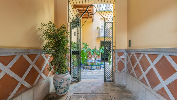 Um corredor com piso ladrilhado, um vaso de planta e um portão que dá para uma varanda com vista.