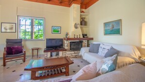 Una sala de estar con chimenea, televisor, sofá y sillón.