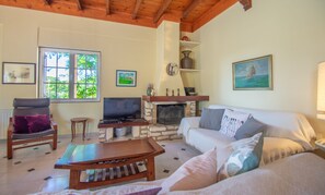 Fernseher, Kamin, DVD-Player, Bücher