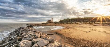 私家海滩、白沙、沙滩椅、海滩遮阳伞