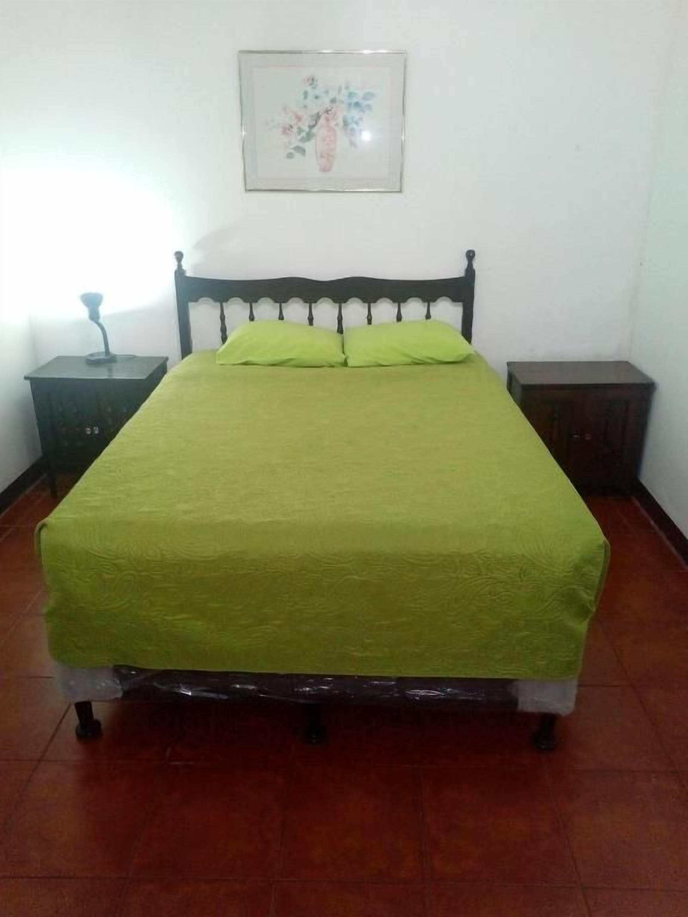 Un lit avec une couvre-lit verte, deux oreillers, une tête de lit en bois et une table de chevet avec une lampe.