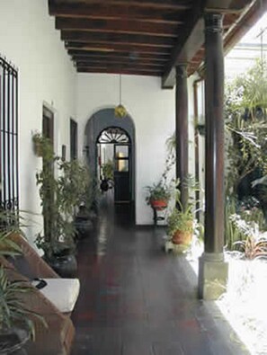 Un passadís cobert amb sòl de rajola, parets blanques i sostre de fusta. Hi ha plantes en testos a la dreta i a l'esquerra, i una porta negra al final.