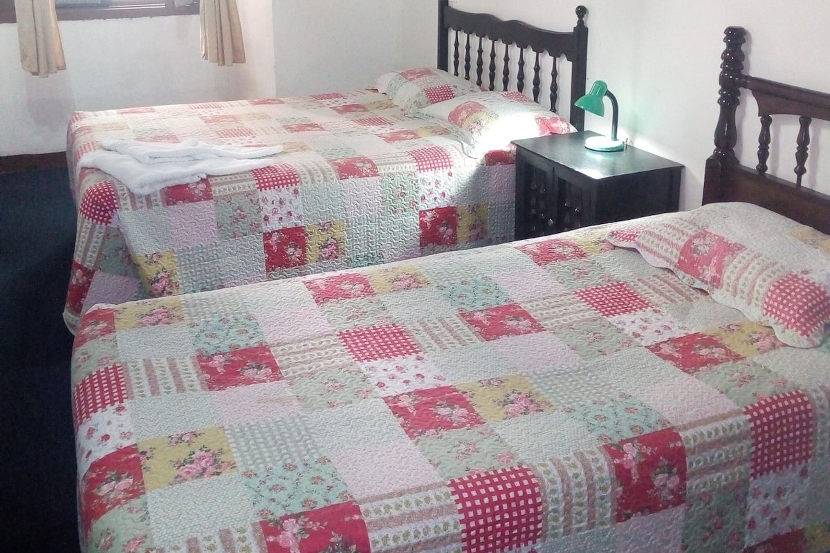 A bedroom with two beds, a nightstand, a lamp, and a framed picture on the wall.