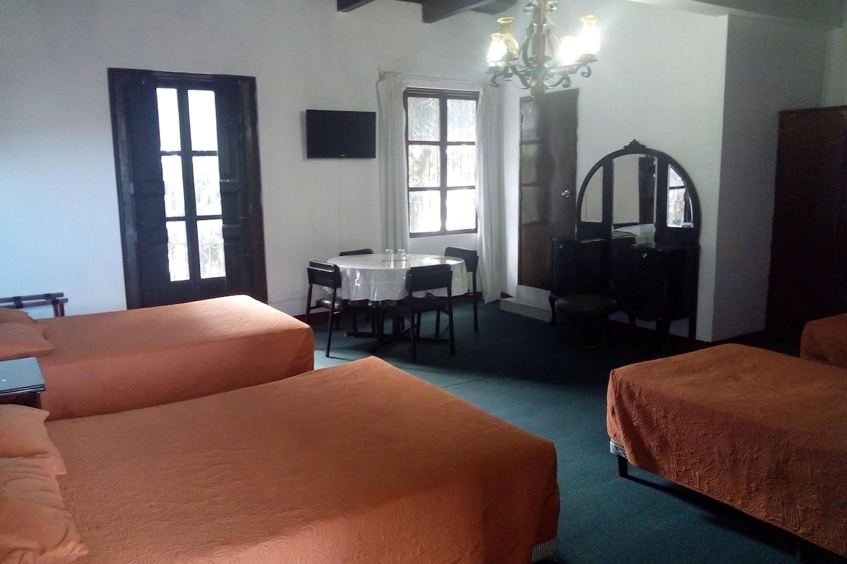 A room with two beds, a table, chairs, a TV, a mirror, and a chandelier.