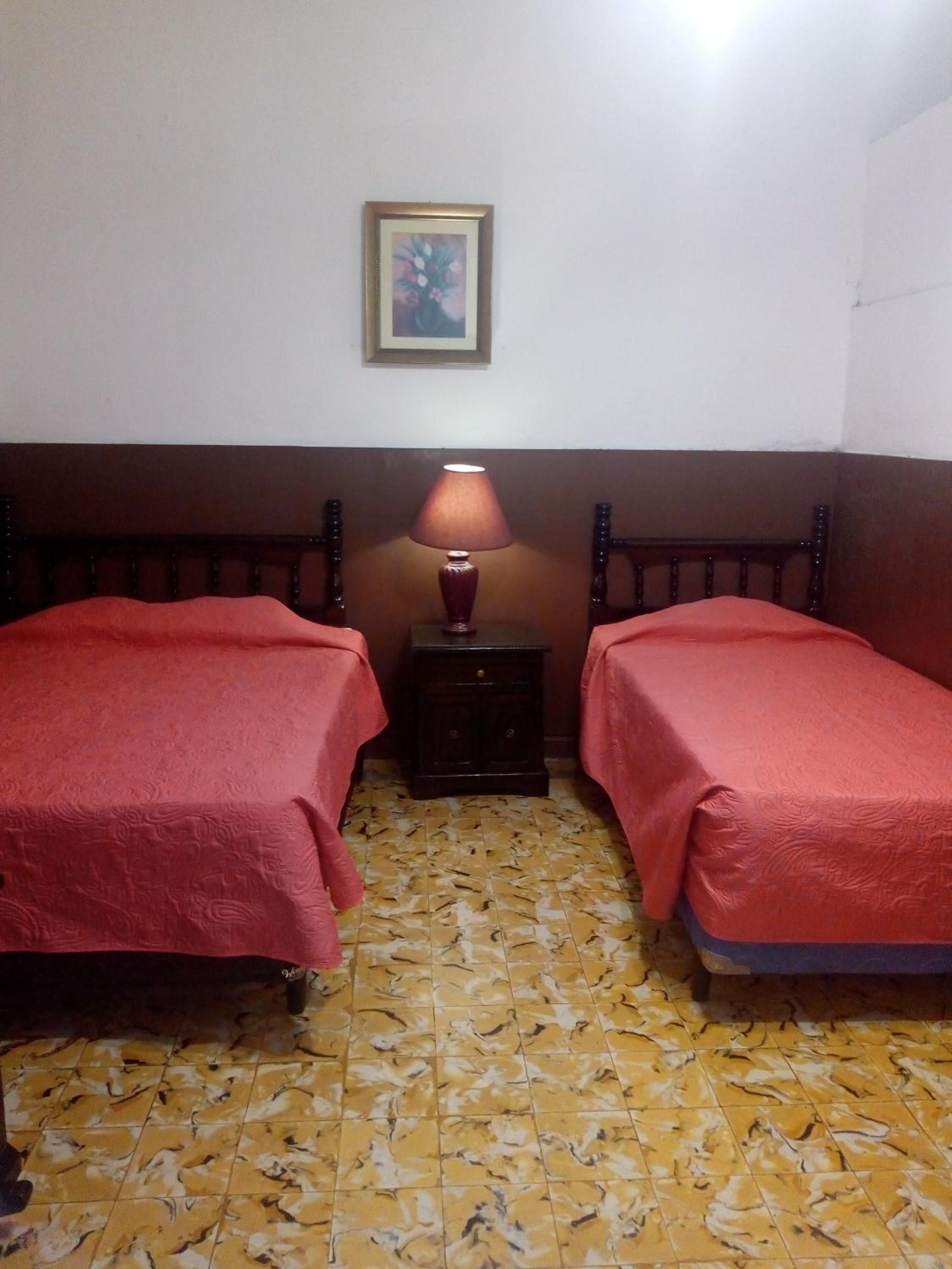 Ein Zimmer mit zwei Betten, einem Nachttisch mit Lampe, einem gerahmten Bild an der Wand und einem gemusterten Boden.