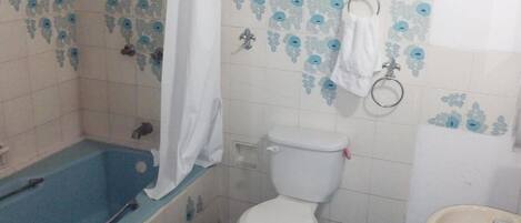 Une salle de bain avec une baignoire, des toilettes et un lavabo.