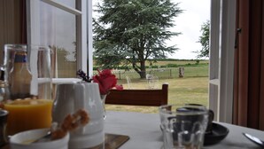 A dining table with breakfast items and a view of a tree and grassy area outside.