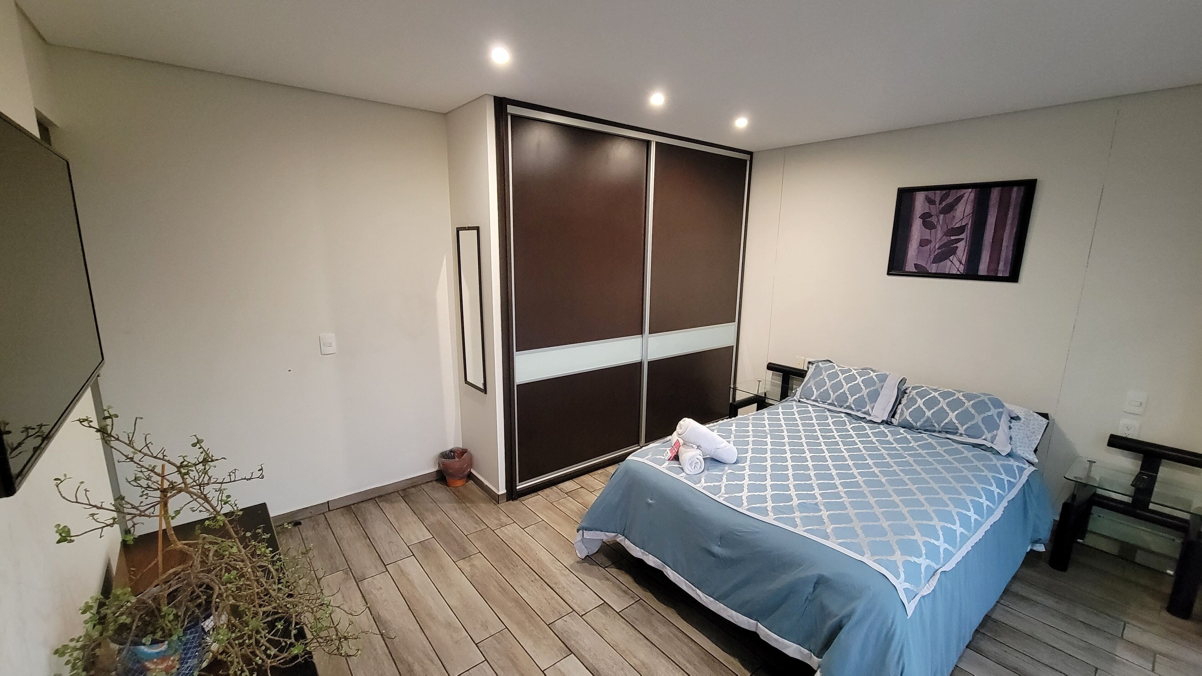 Quarto com cama, guarda-roupa, planta em vaso e um quadro na parede.