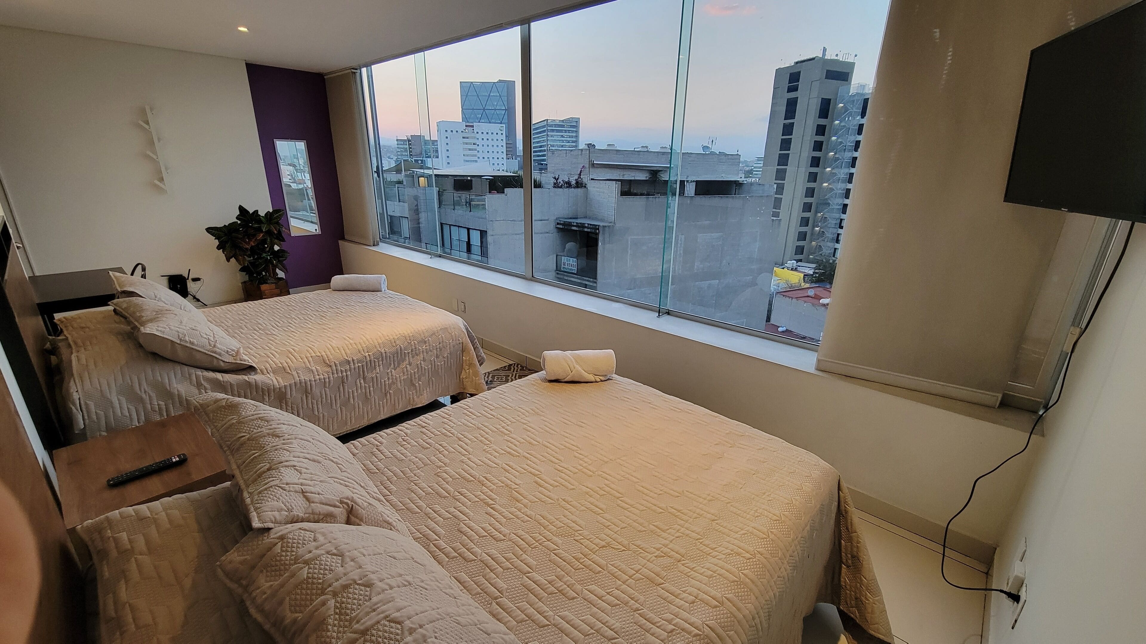 A hotel room with two beds, a large window with a city view, a TV on the wall, and a plant.