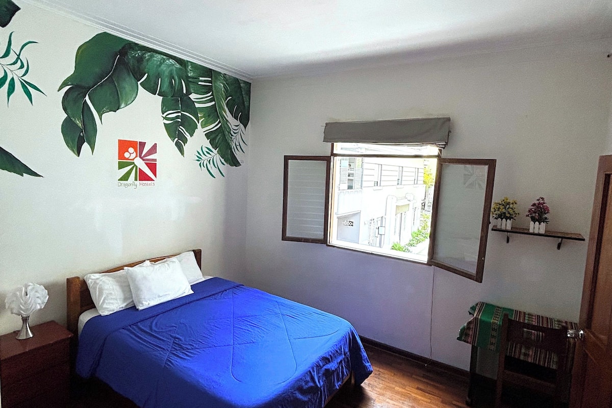 Une chambre avec un lit, une fenêtre donnant sur la rue, une étagère avec des fleurs et un mur orné d’une plante et d’un logo.