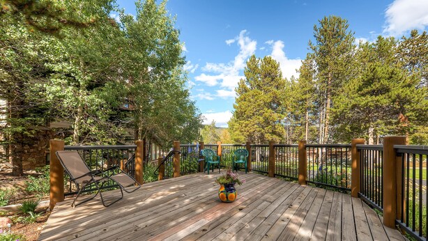 A wooden deck with a chair and a potted plant. - Park Place Condos by CRMR (Breckenridge)