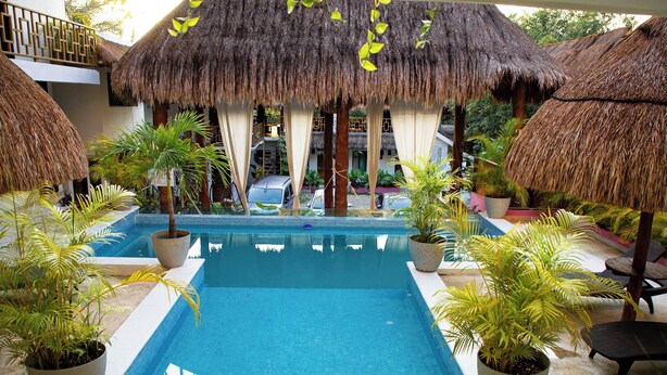Un espace piscine avec une eau d’un bleu limpide, entouré de plantes en pot et agrémenté de parasols en chaume.