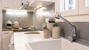 Et moderne køkken med en stålvask, en integreret komfur og et vindue over vasken.