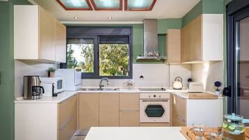 Fridge, microwave, oven, espresso maker