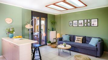 Televisión, chimenea, reproductor de DVD, libros