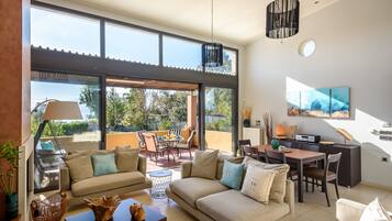 Televisión, chimenea, reproductor de DVD, libros